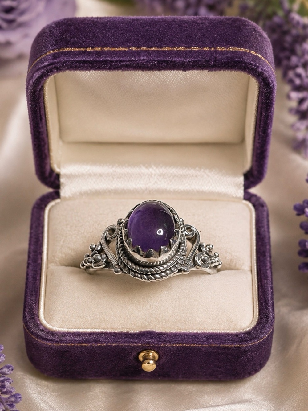 Ring Genuine Amethysts Gemstone 925 Sterling Silver Beautiful Feminine